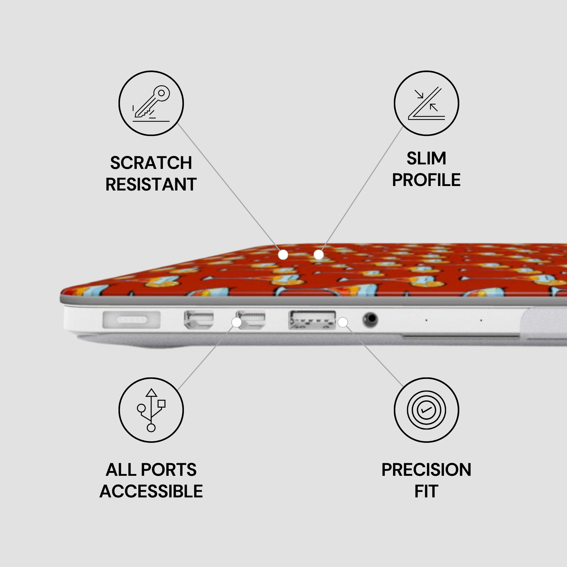 Laptop with features highlighted on a white background