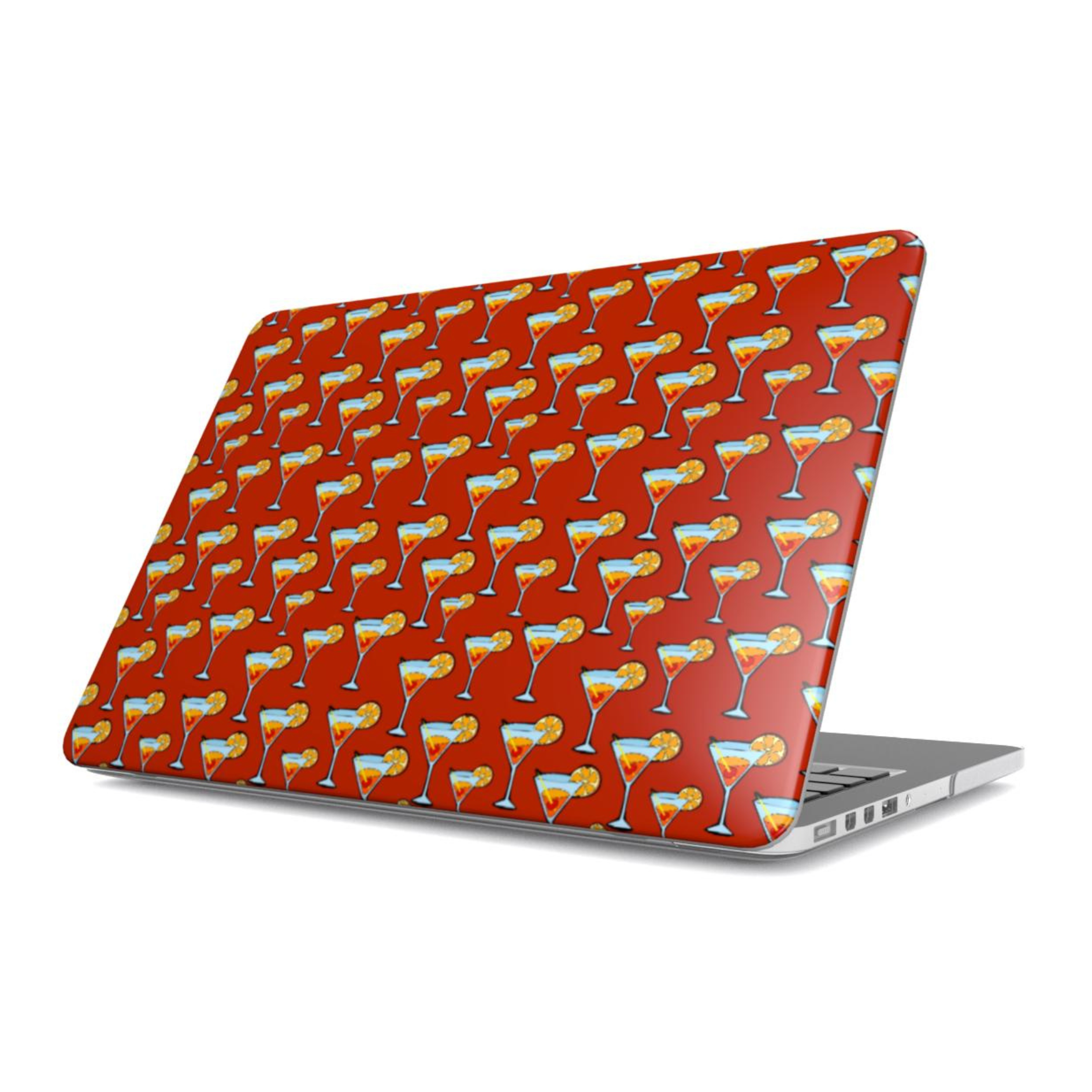 Laptop with a red pattern of cocktail glasses on a white background
