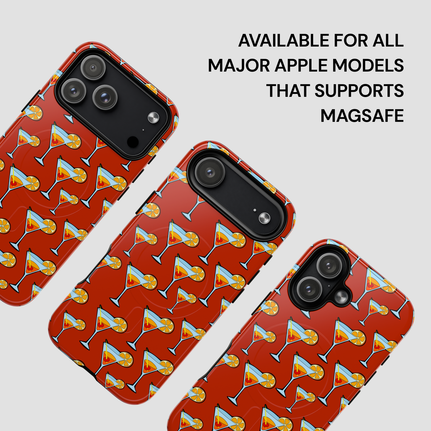 Phone cases with cocktail pattern on a light gray background