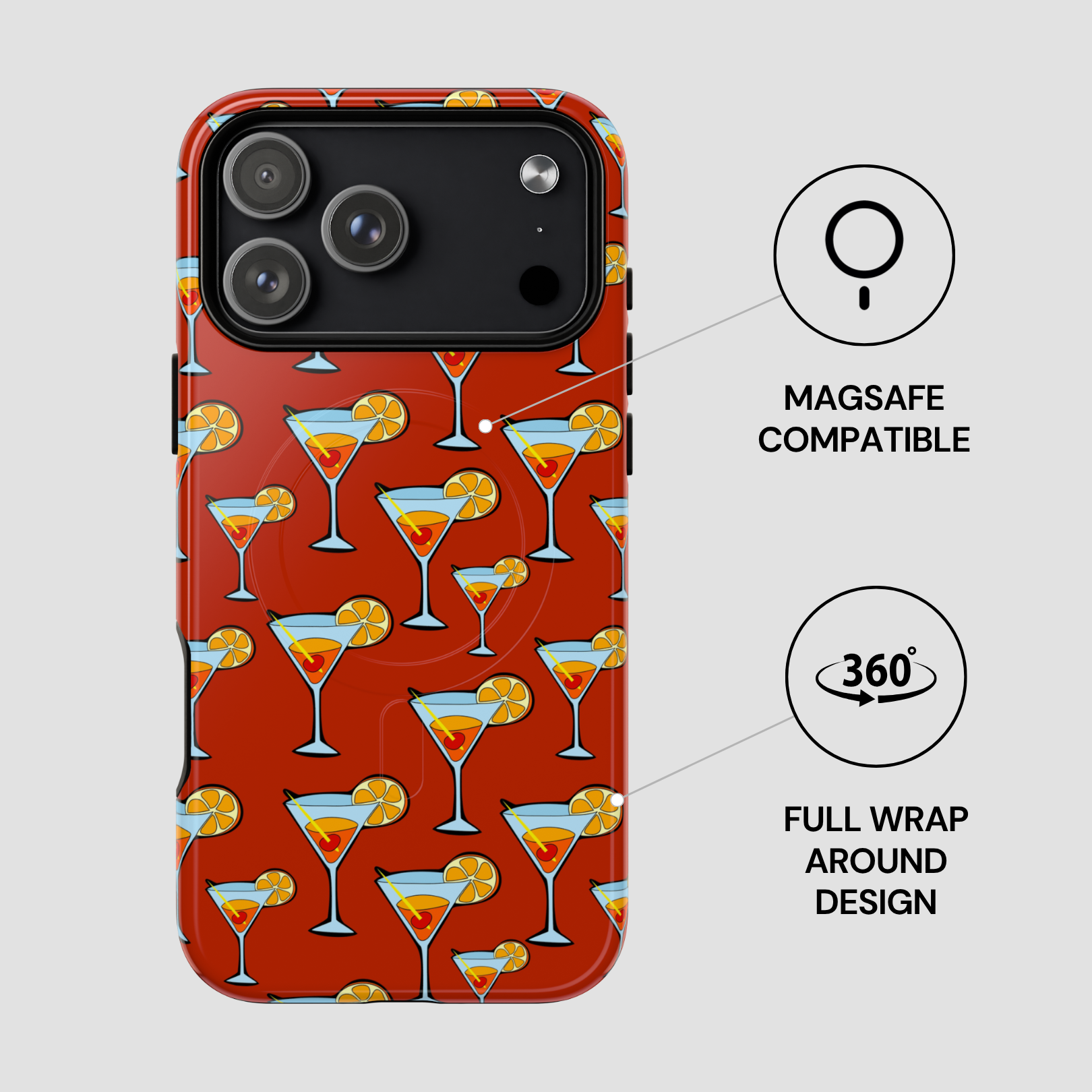 Phone case with martini glass pattern on a red background, featuring MagSafe compatibility and 360-degree wrap design.