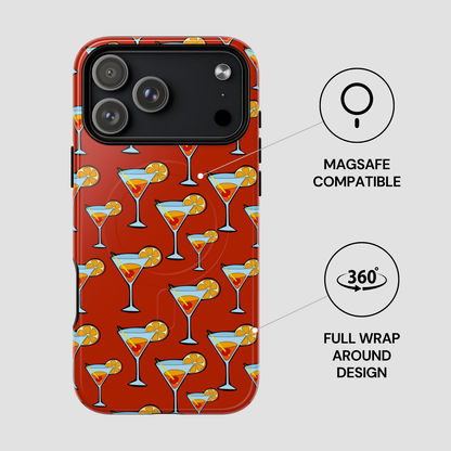 Phone case with martini glass pattern on a red background, featuring MagSafe compatibility and 360-degree wrap design.