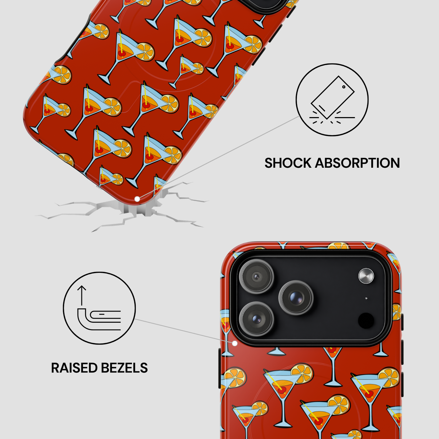 Phone case with cocktail pattern and shock absorption features on a white background