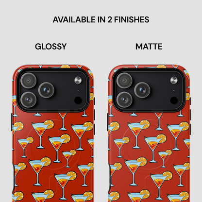 Phone case with cocktail pattern on red background, available in glossy and matte finishes.