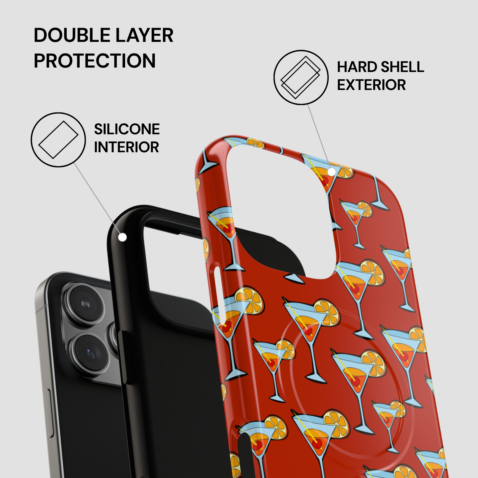 Phone case with cocktail pattern and text about double layer protection on a white background