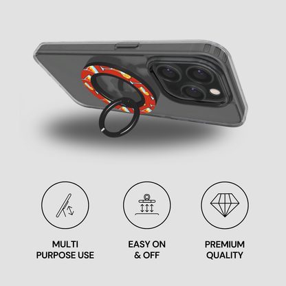 Phone case with ring holder and features on a gray background