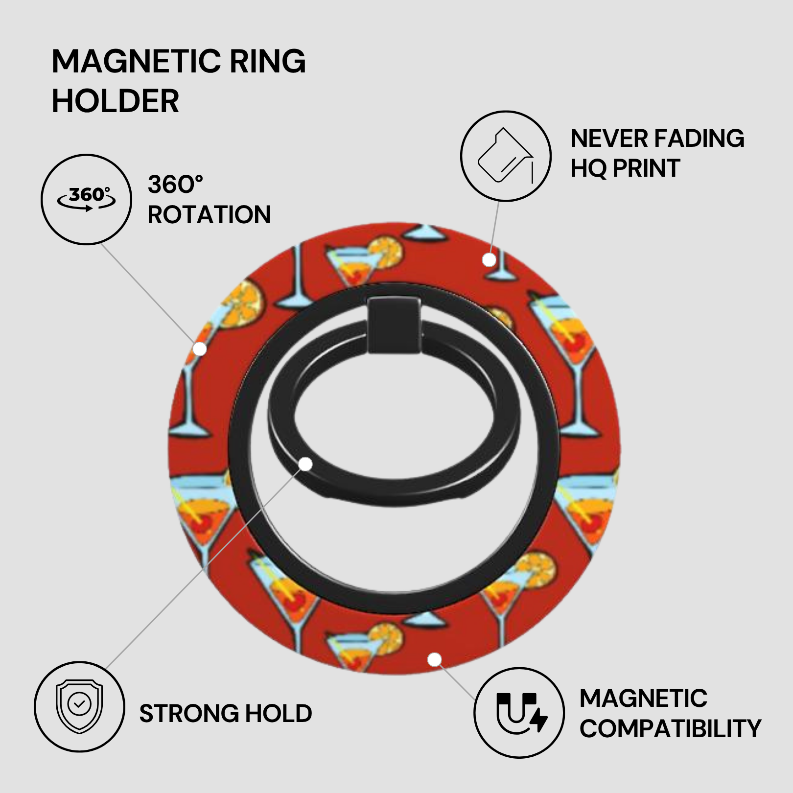 Magnetic ring holder with colorful design on a white background