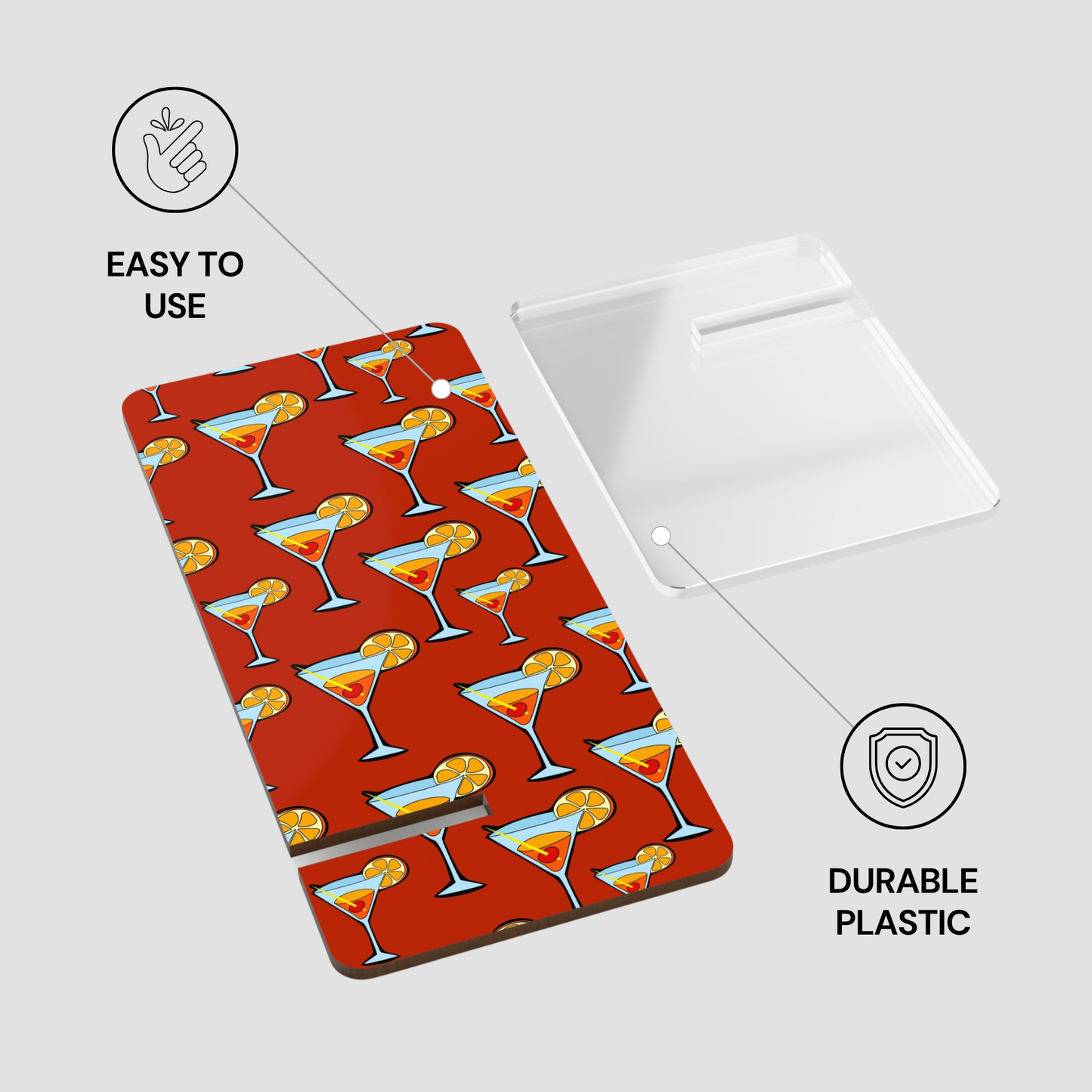 Product packaging with a red pattern of cocktail glasses on a white background