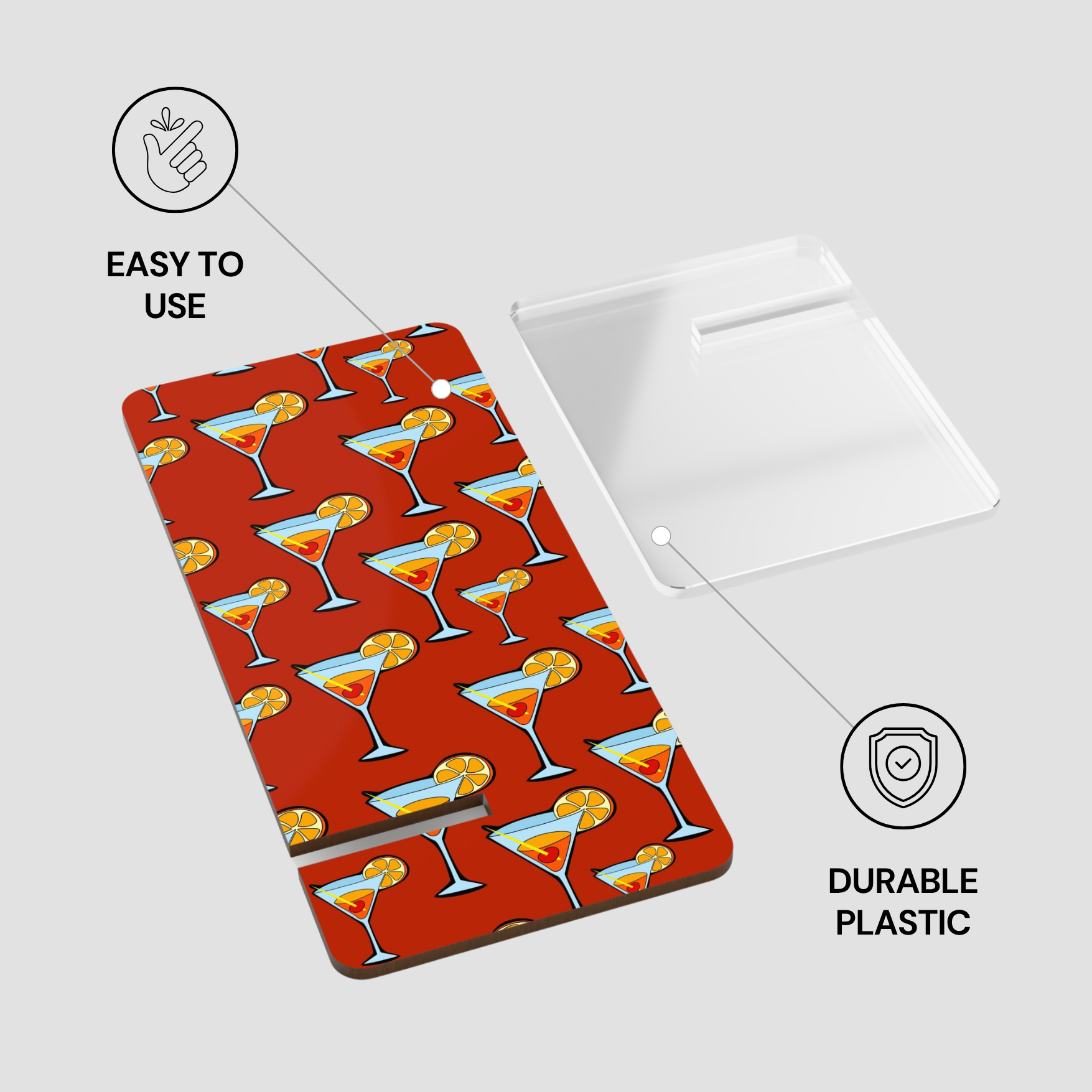 Product packaging with a red pattern of cocktail glasses on a white background