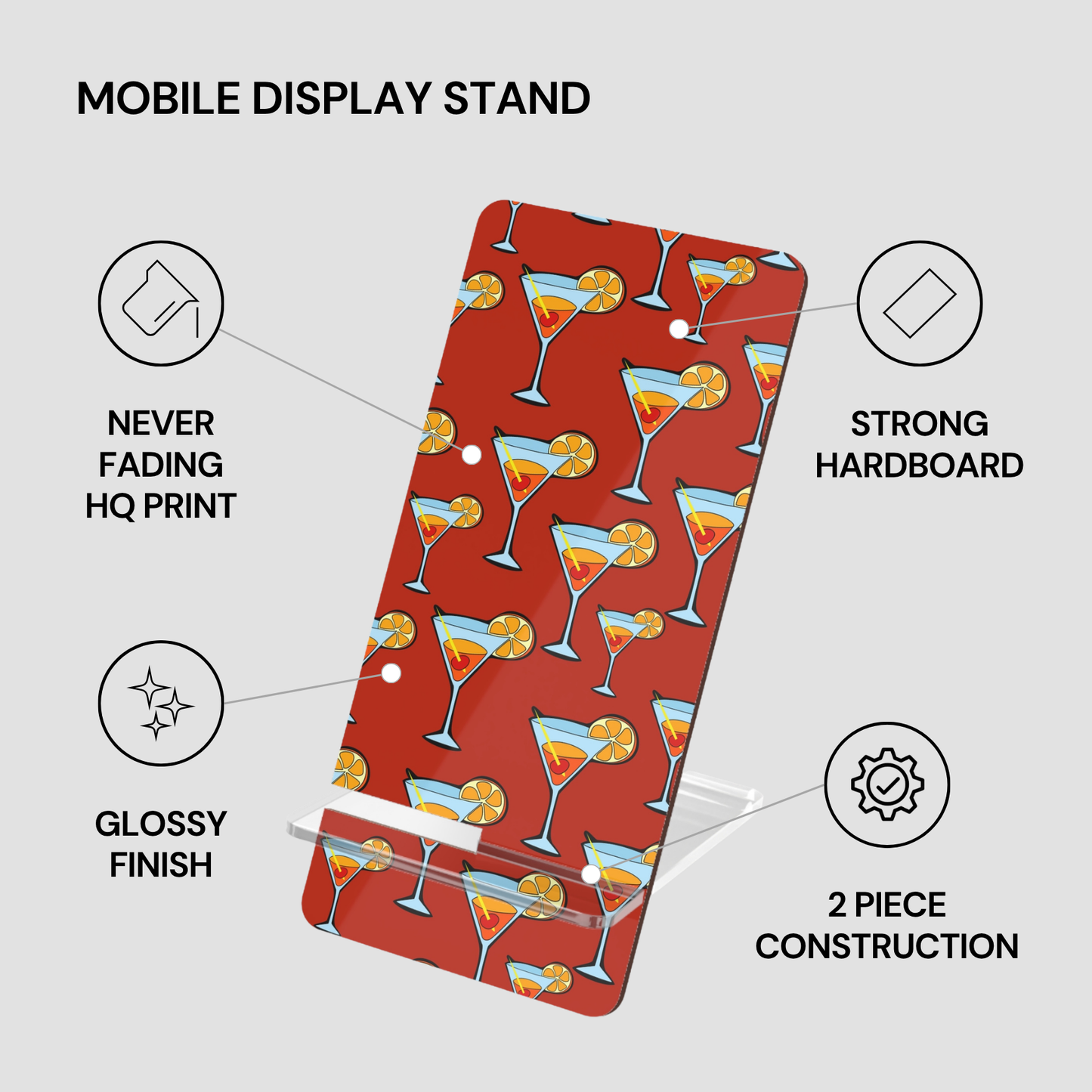 Mobile display stand with cocktail pattern on a red background, featuring text on its benefits.