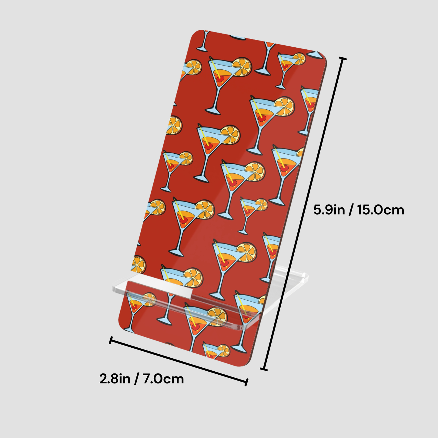 Small red mat with cocktail pattern and measurements on a light gray background