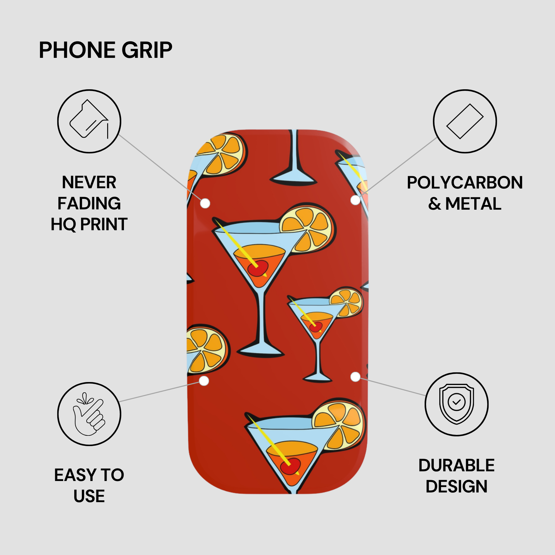 Phone grip with cocktail design on a red background, featuring text about product features.
