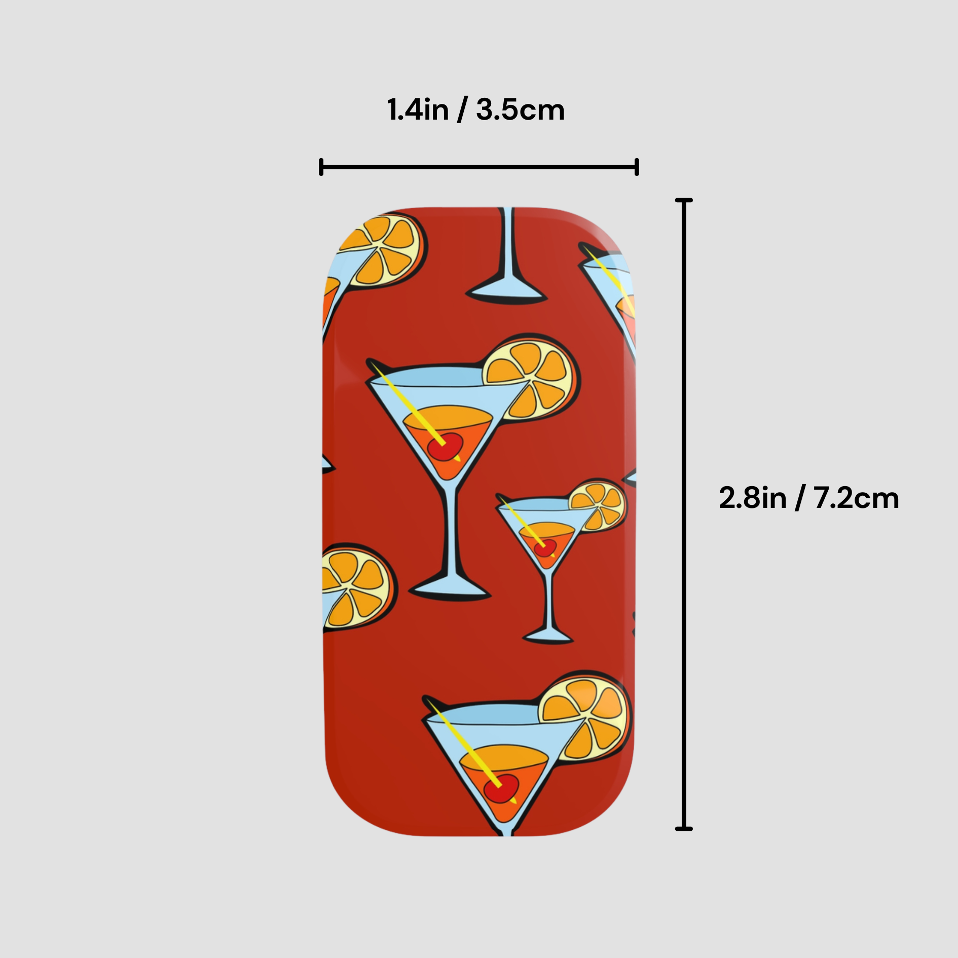 Phone case with cocktail design and measurements on a white background