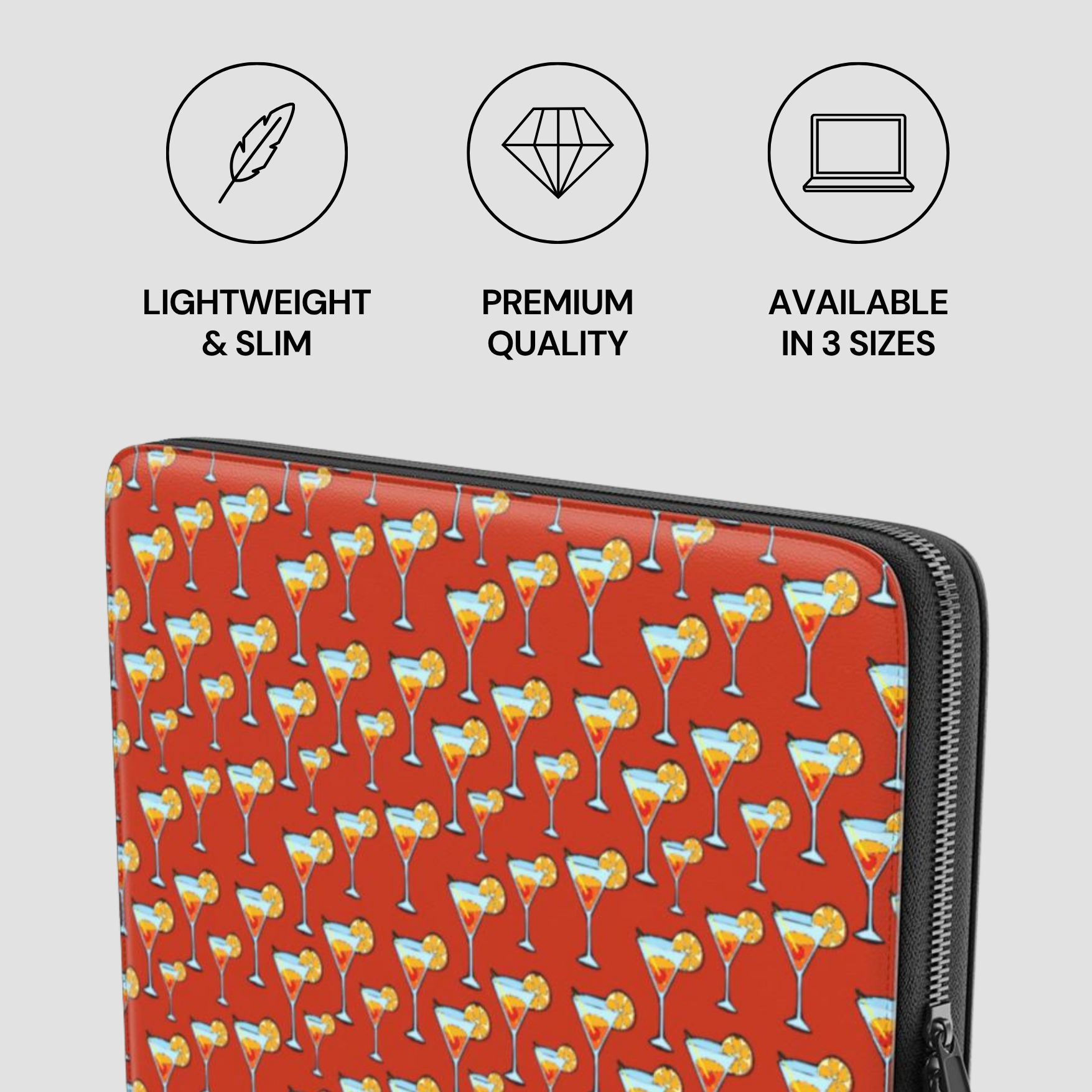 Laptop sleeve with cocktail pattern and feature icons on a light gray background