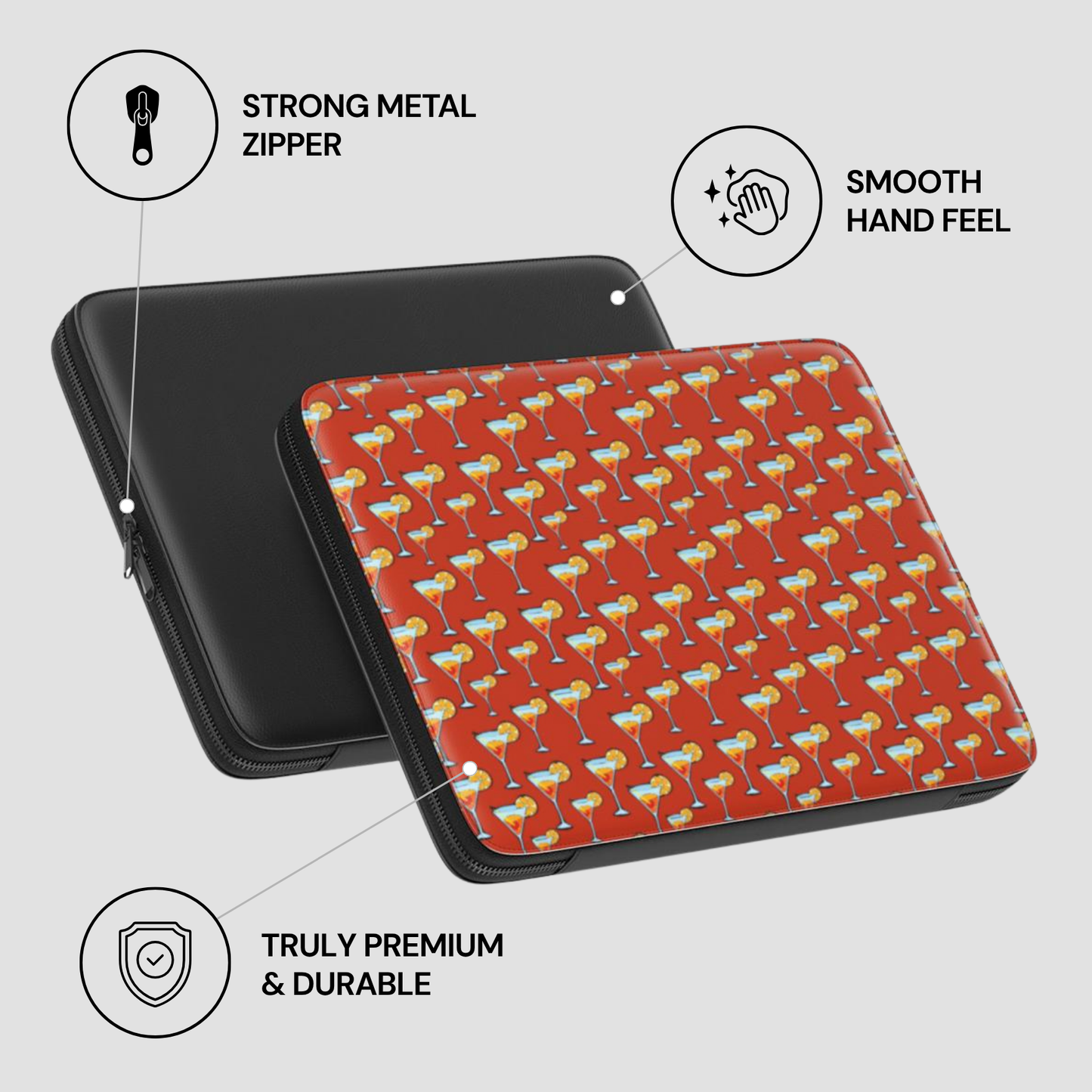 Laptop sleeve with red patterned cover and black exterior, featuring text on product features.