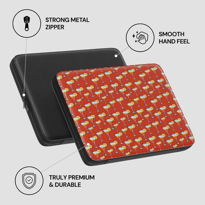 Laptop sleeve with red patterned cover and black exterior, featuring text on product features.