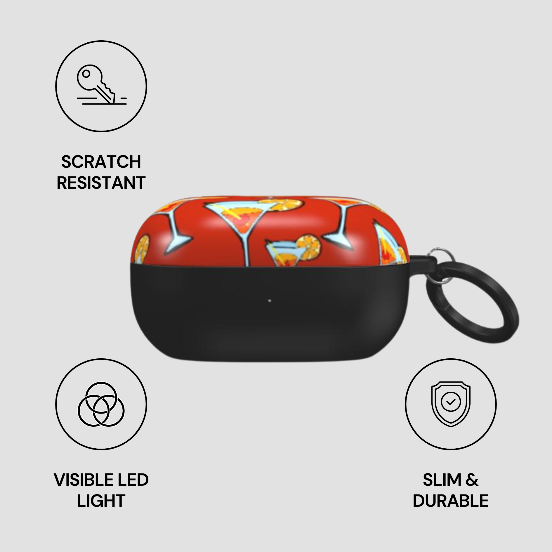 Black case with colorful design on a gray background, featuring icons and text about case features.