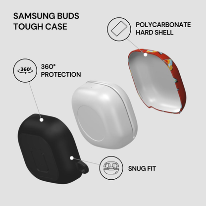 Samsung Buds Tough Case with features highlighted on a light gray background