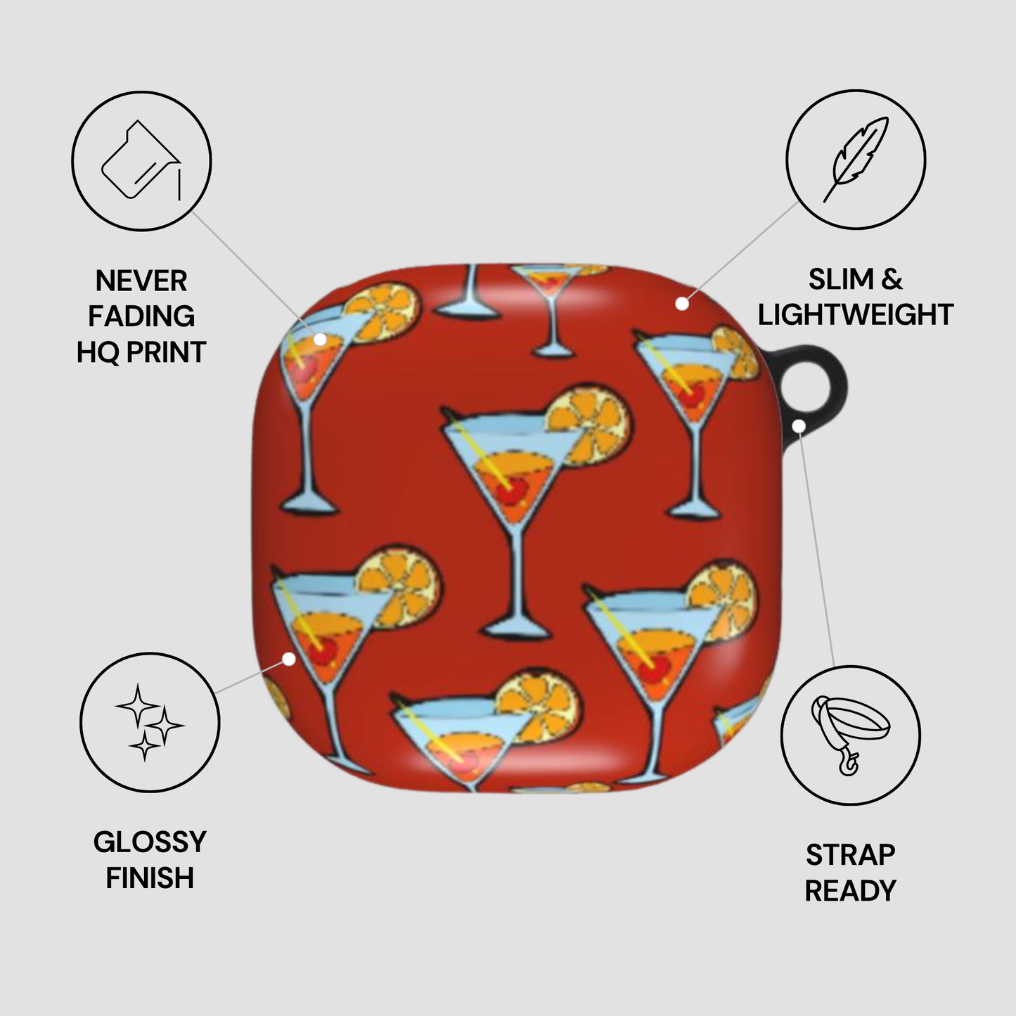 Product packaging with cocktail design and feature text on a gray background