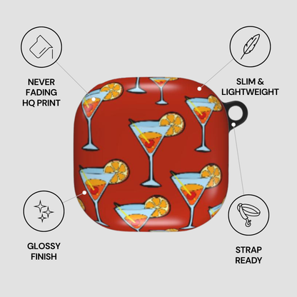 Product packaging with cocktail design and feature text on a gray background