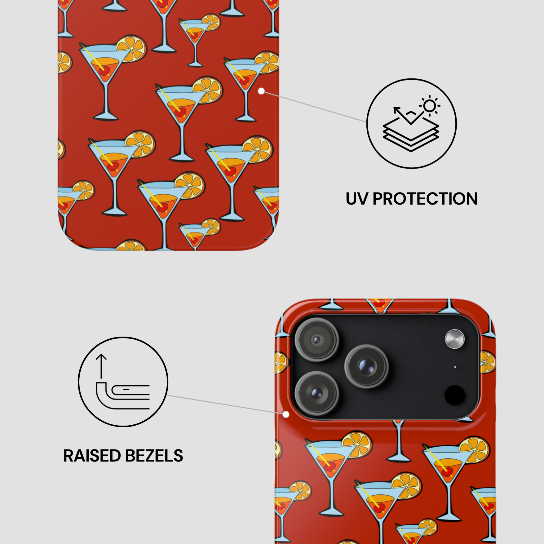 Phone case with cocktail pattern and UV protection and raised bezels features