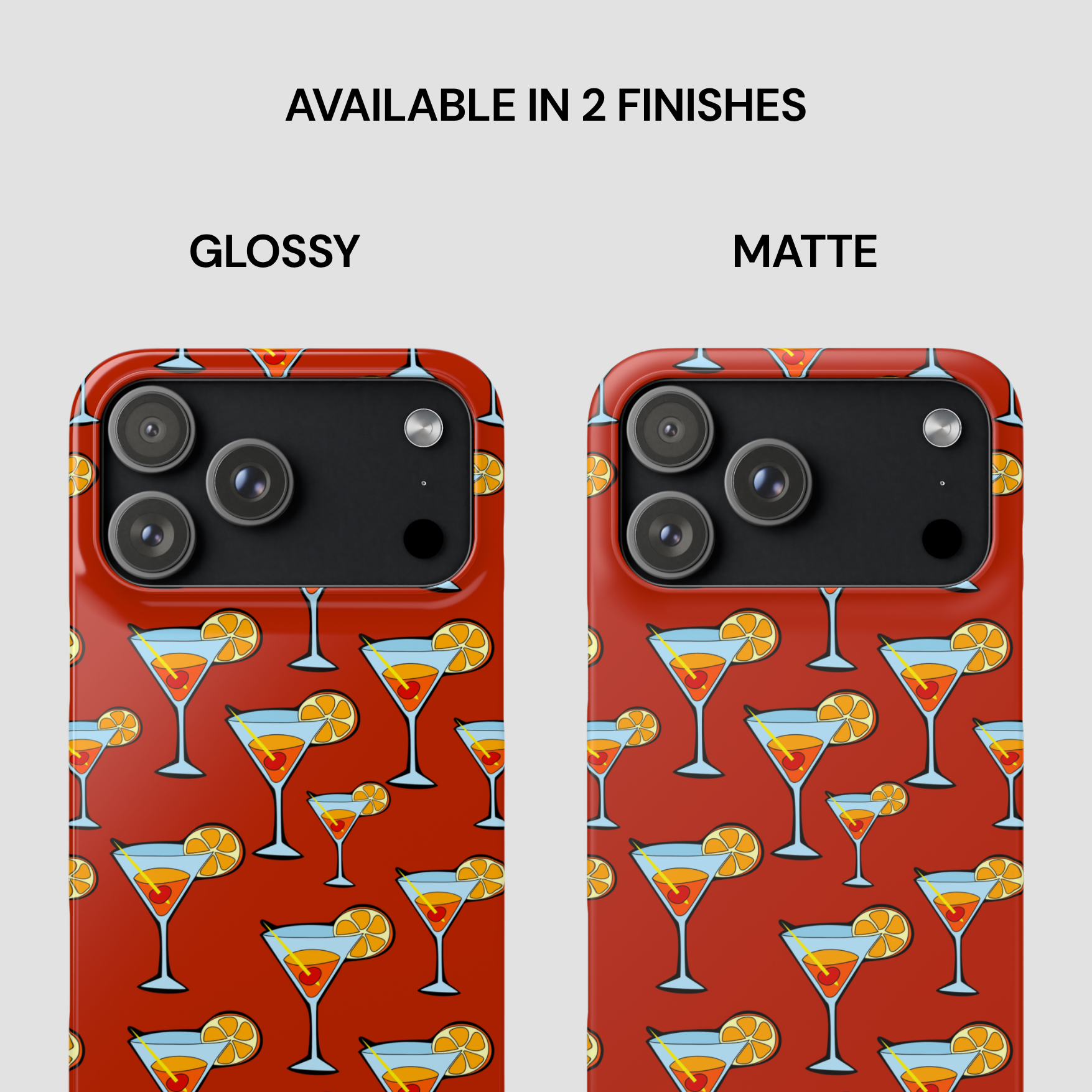 Phone case with cocktail pattern in glossy and matte finishes on a white background