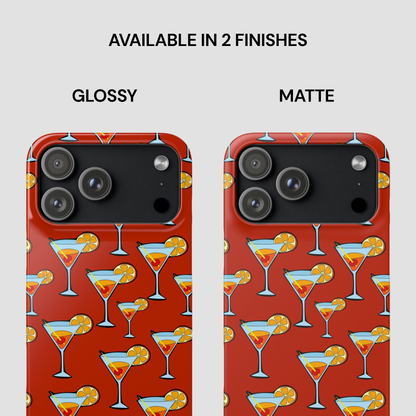 Phone case with cocktail pattern in glossy and matte finishes on a white background