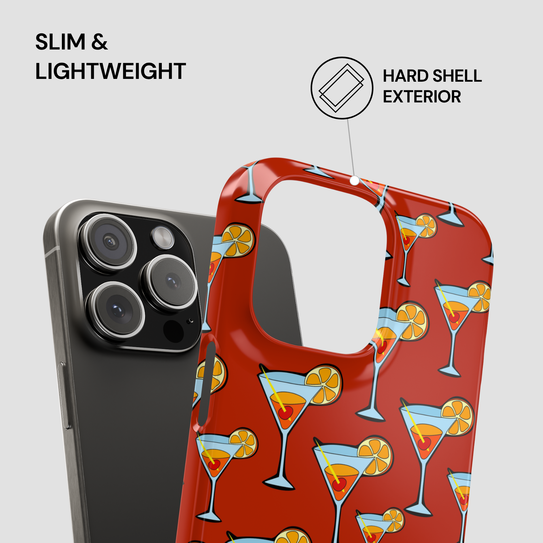 Phone case with cocktail pattern next to smartphone on gray background
