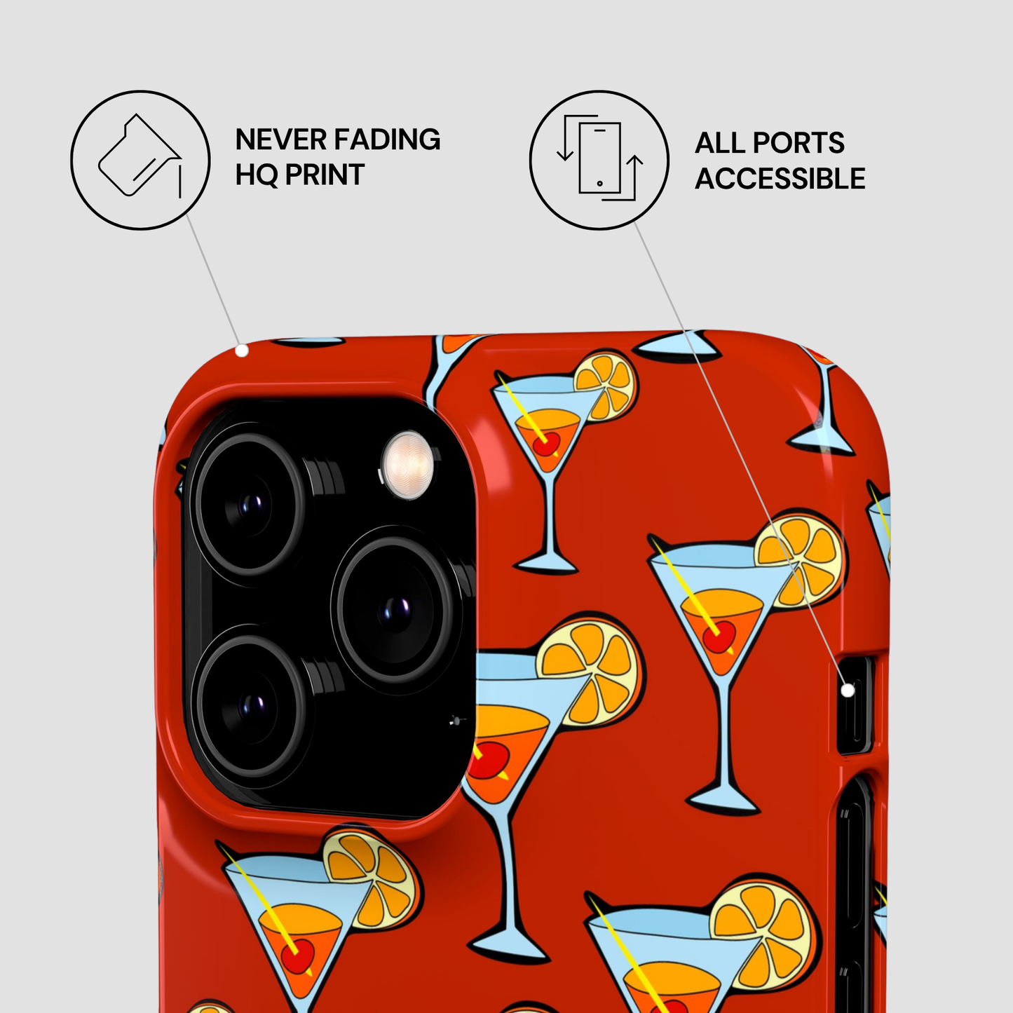 Phone case with cocktail pattern on a light gray background