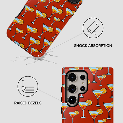 Phone case with cocktail pattern and shock absorption features on a white background