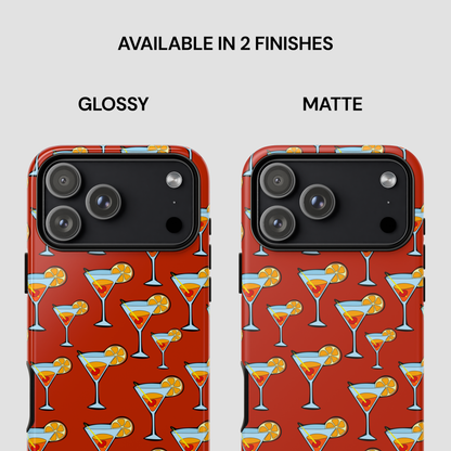 Phone case with cocktail pattern in glossy and matte finishes on a white background
