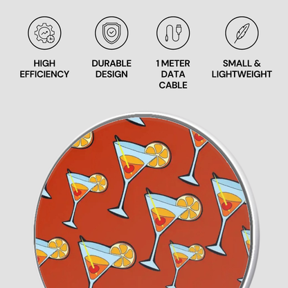 Circular product design with cocktail pattern on a red background, featuring icons and text about product features.