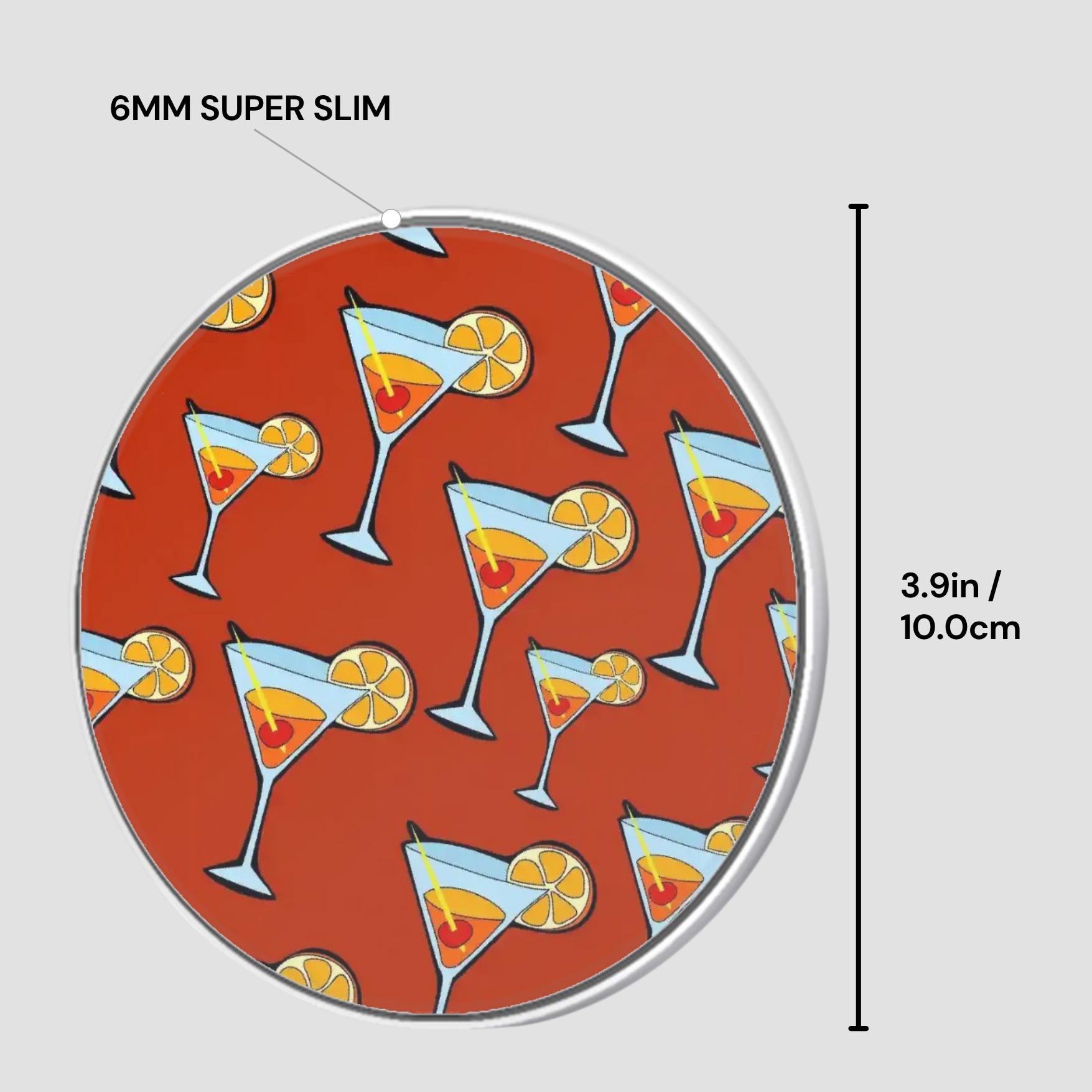 Circular product with cocktail pattern and dimensions on a gray background