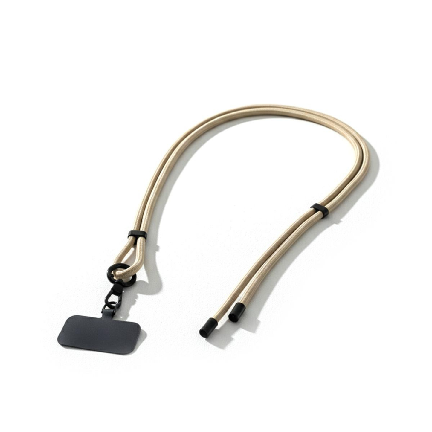 Beige lanyard with a black tag on a white background