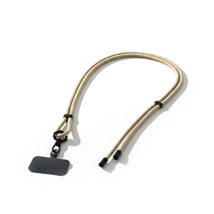 Beige lanyard with a black tag on a white background