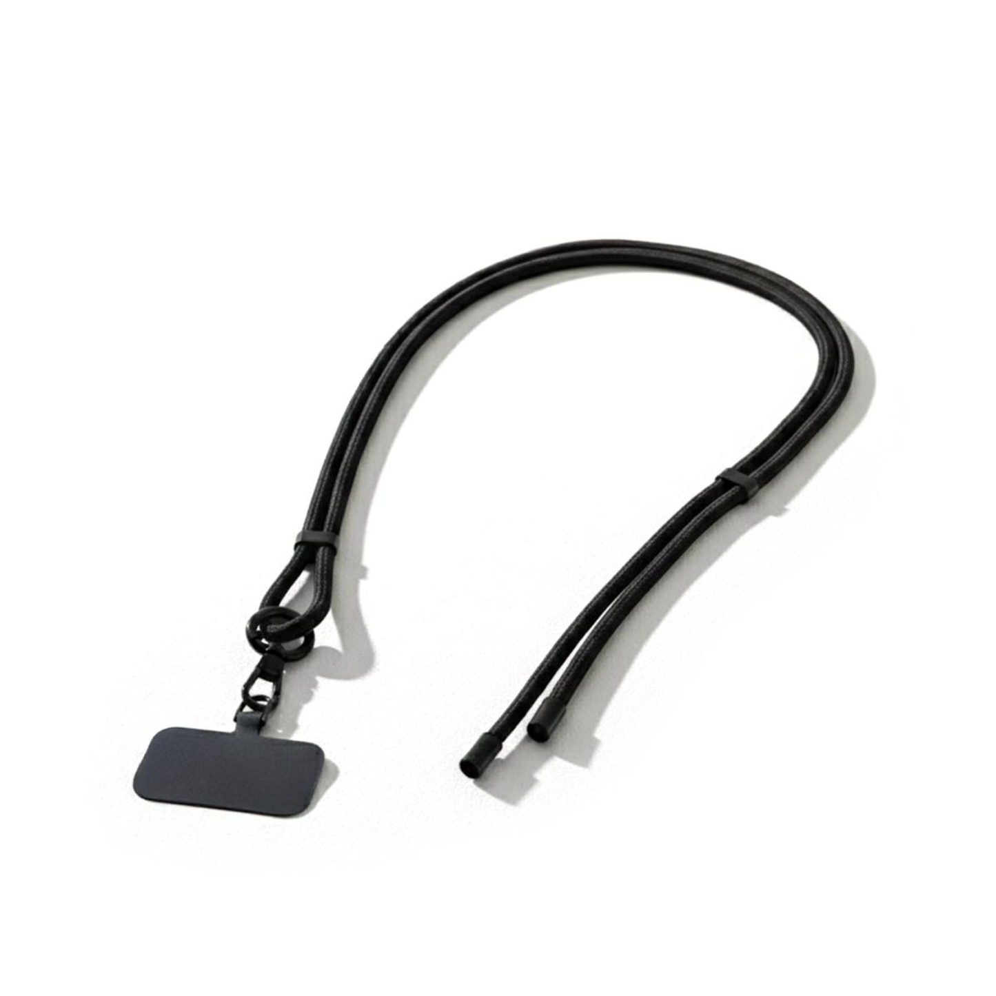 Black lanyard with a rectangular black tag on a white background
