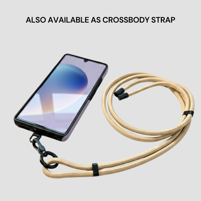 Phone with a beige crossbody strap on a light gray background