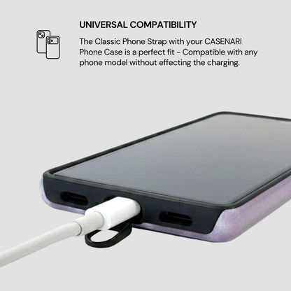 Phone case with a strap and charging cable, featuring text about universal compatibility.