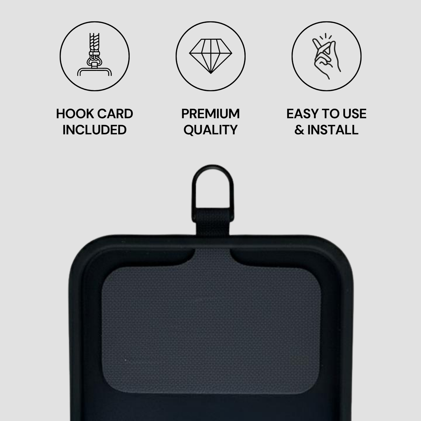 Black pet mat with features listed on a gray background