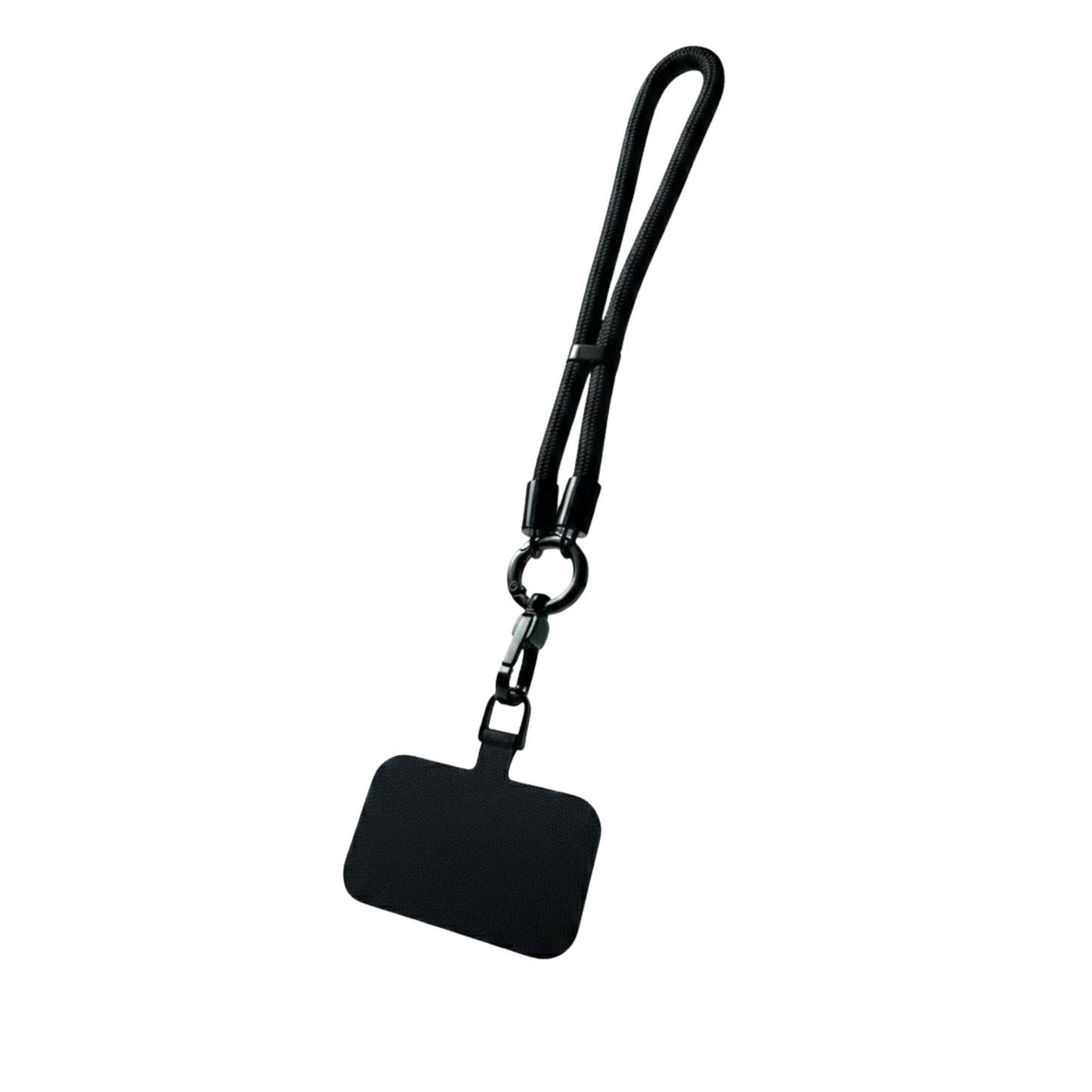 Black keychain with a rectangular tag on a white background