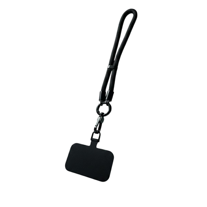 Black keychain with a rectangular tag on a white background