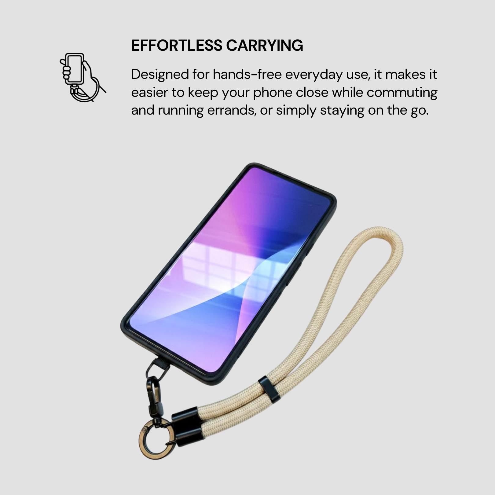Phone case with lanyard on a light gray background
