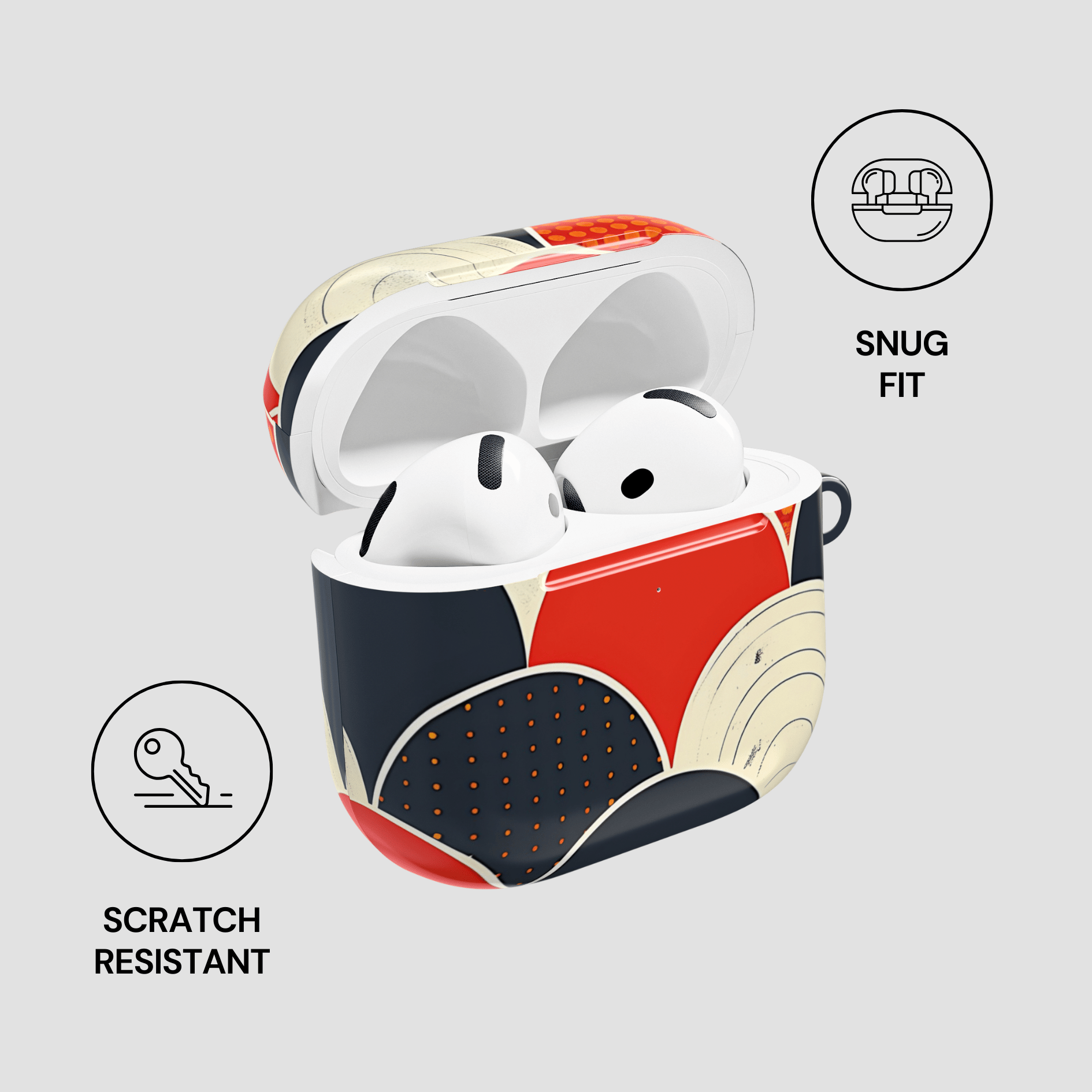 Colorful AirPod case with design elements and text on a light gray background