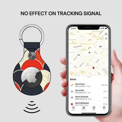 Smart keychain with Apple logo and phone displaying location app on gray background