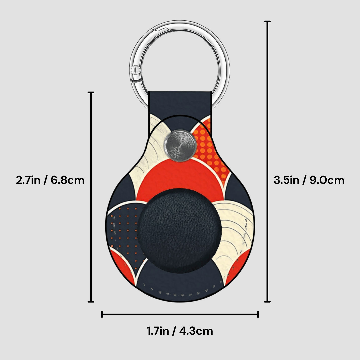 Keychain with geometric pattern and measurements on a gray background