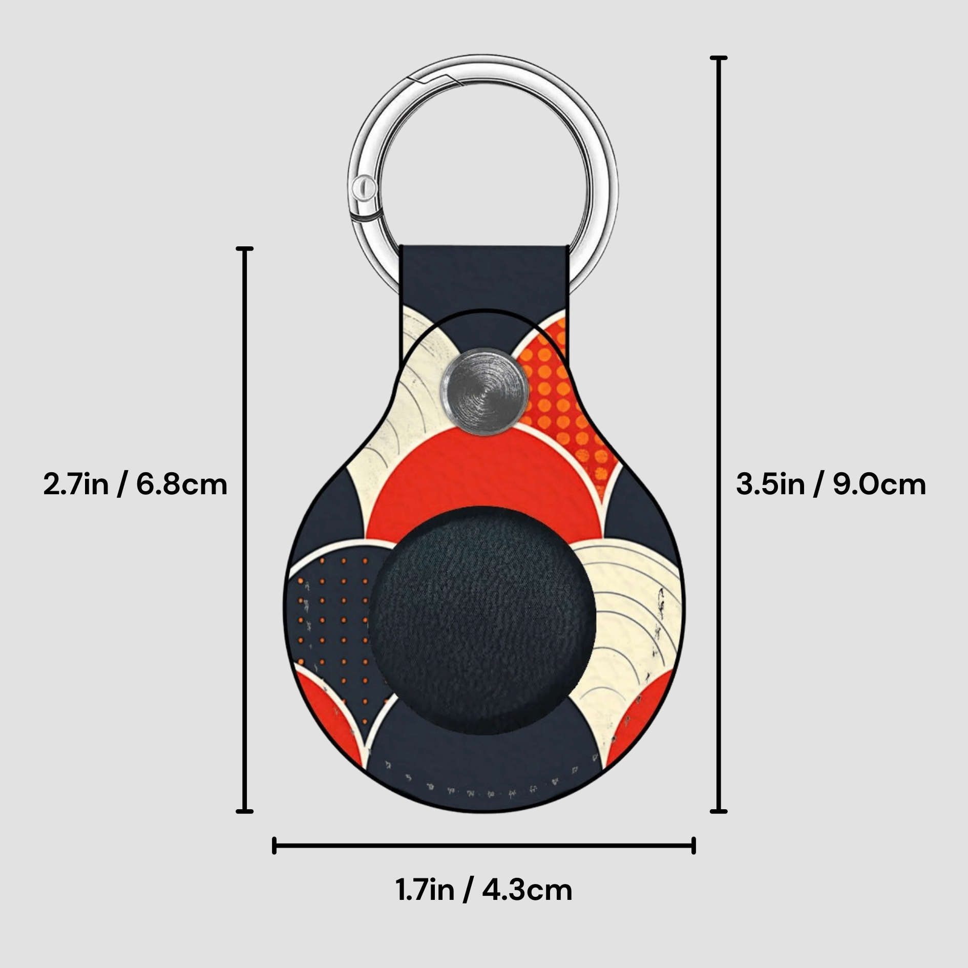 Keychain with geometric pattern and measurements on a gray background