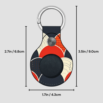 Keychain with geometric pattern and measurements on a gray background