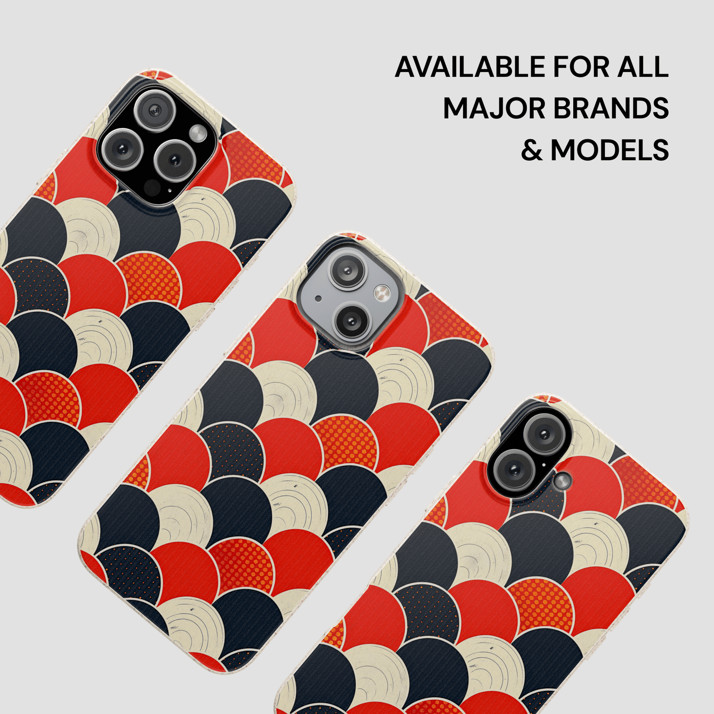 Three phone cases with a geometric pattern on a white background, with text indicating availability for major brands and models.