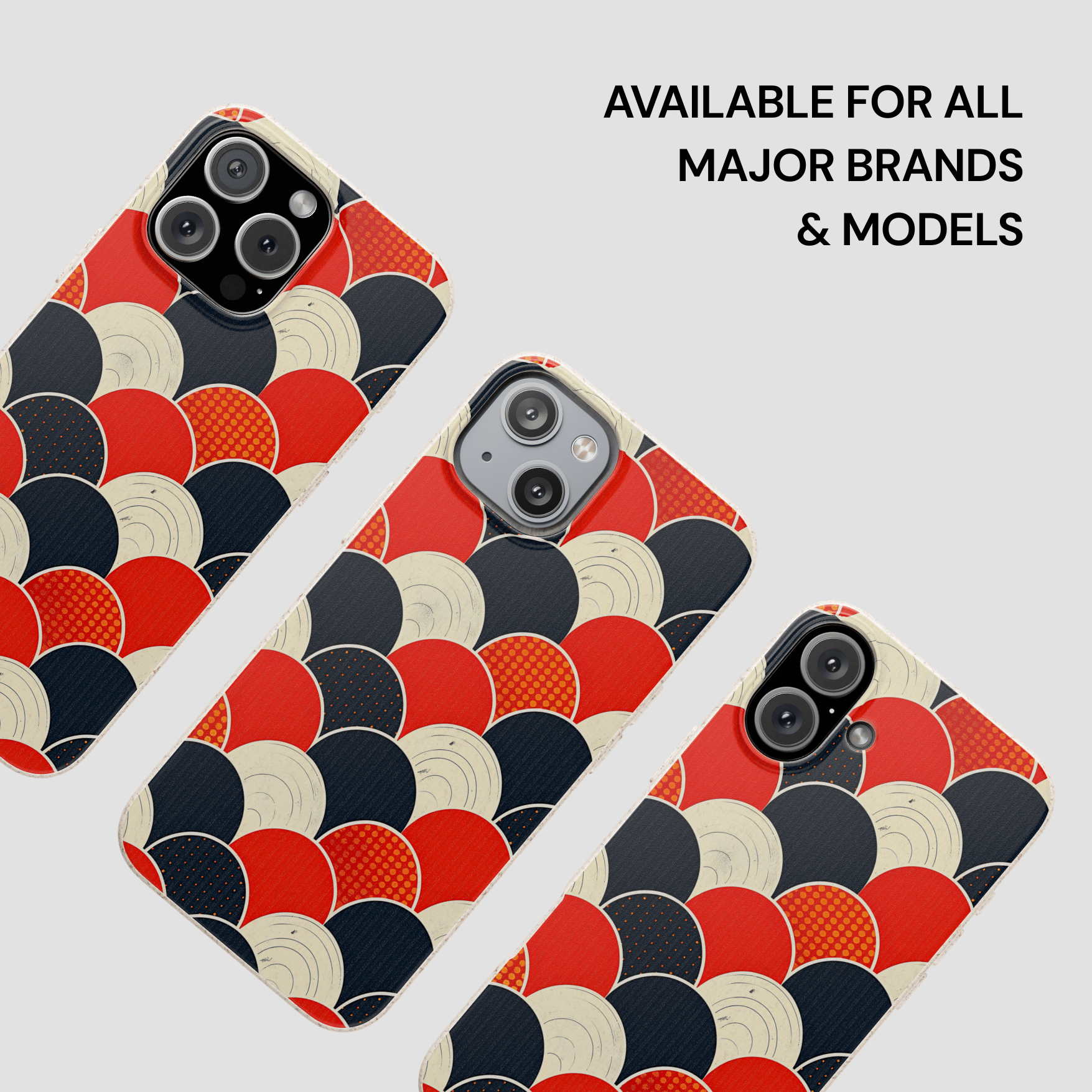 Three phone cases with a geometric pattern on a white background, with text indicating availability for major brands and models.
