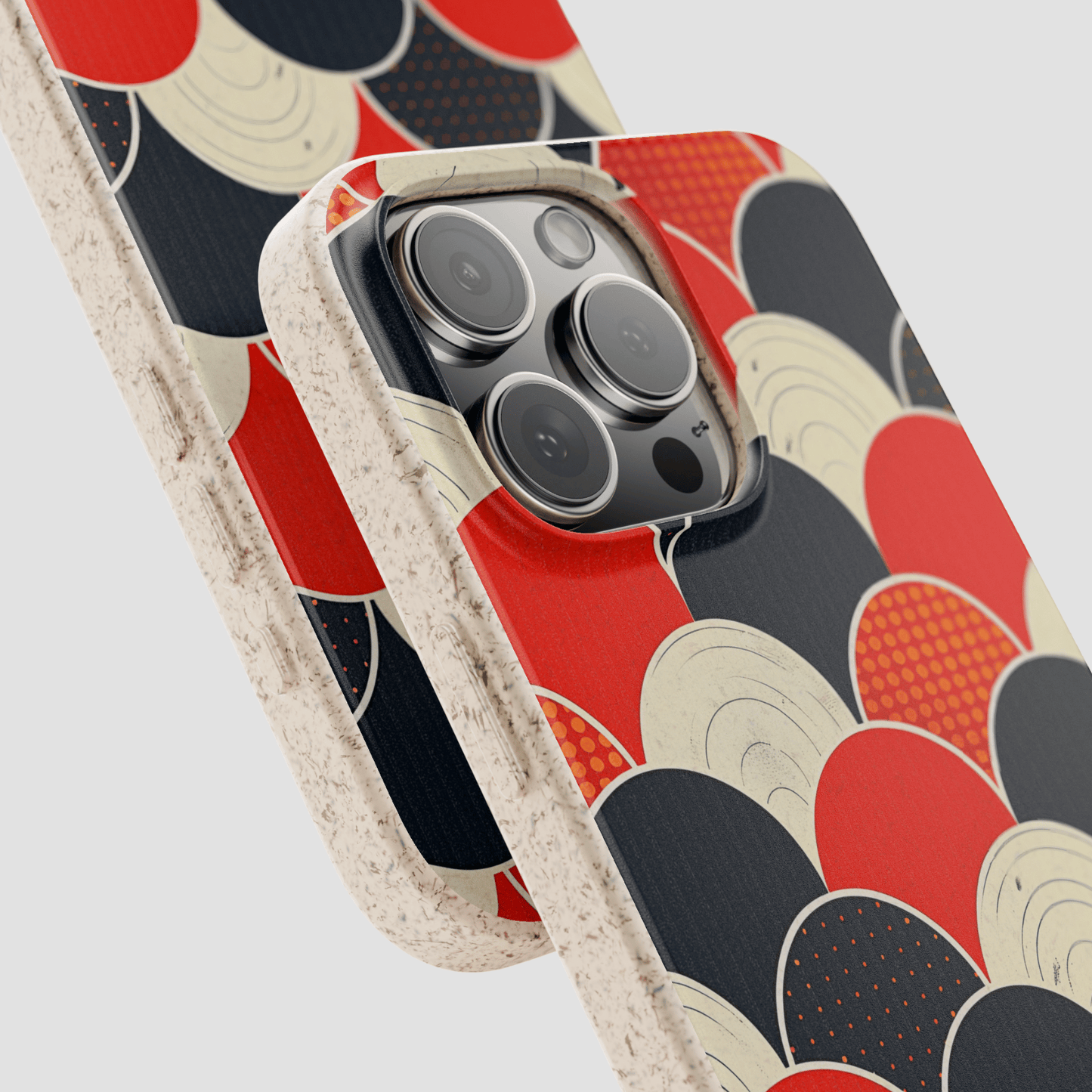 Phone case with a colorful abstract pattern on a light gray background
