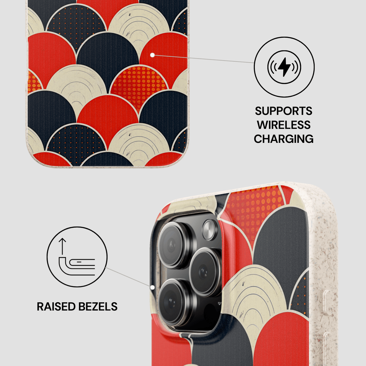 Phone case with geometric pattern, wireless charging symbol, and raised bezels text on a gray background